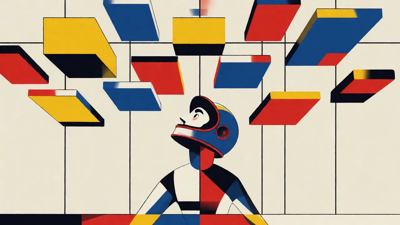 Composizione geometrica De Stijl con un pilota stilizzato che osserva blocchi colorati fluttuanti.