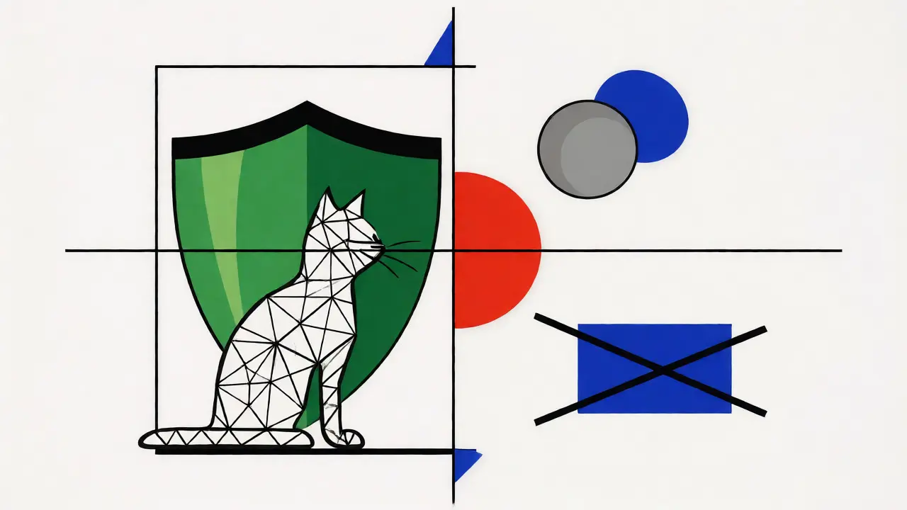 Composizione geometrica De Stijl con uno scudo verde che protegge un gatto stilizzato da forme grigie.