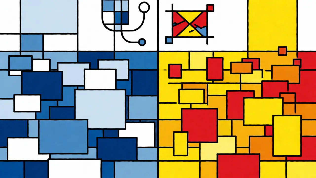 Confronto visivo tra sanità pubblica e privata tramite blocchi di colore stilizzati