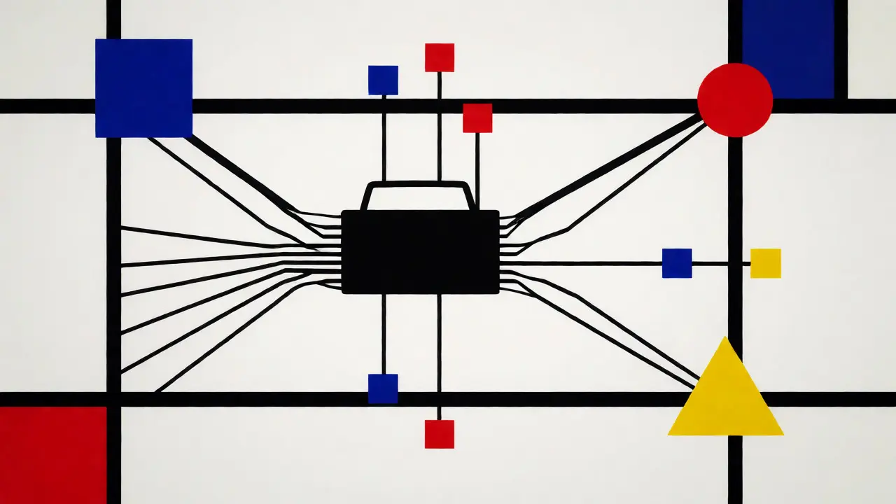 Diagramma astratto De Stijl che collega la scatola nera dell'auto a satelliti, polizia e smartphone.