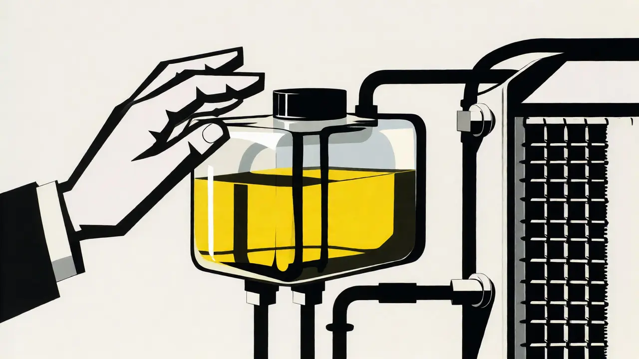 Disegno stilizzato in stile De Stijl di una mano che controlla il livello del liquido nel vaso di espansione.