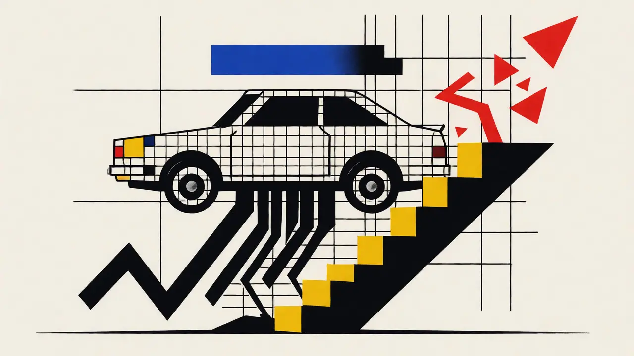Grafica astratta De Stijl che mostra i costi nascosti del frazionamento auto