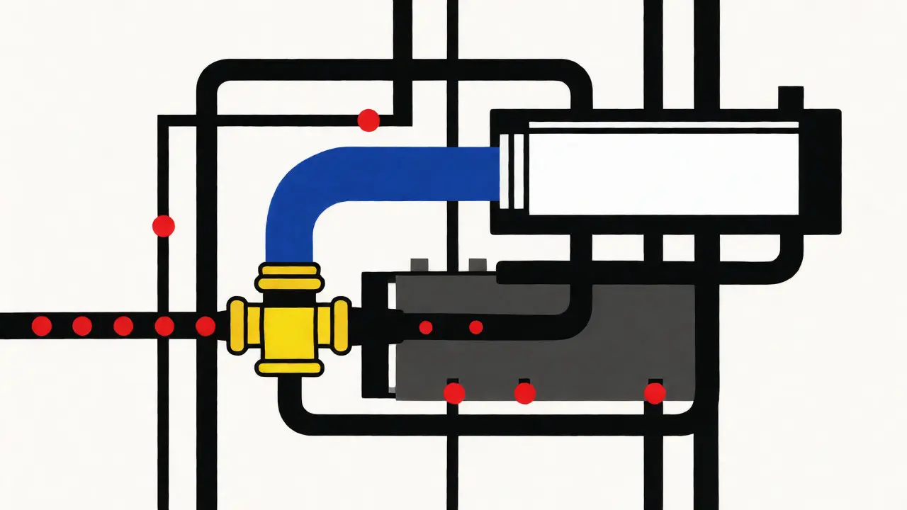 Schema astratto del flusso del sistema di ventilazione PCV con forme geometriche