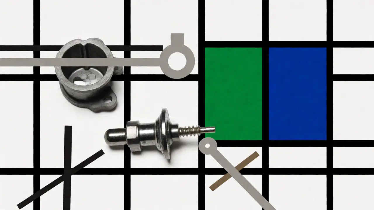 Termostato smontato su sfondo griglia colorata stile De Stijl